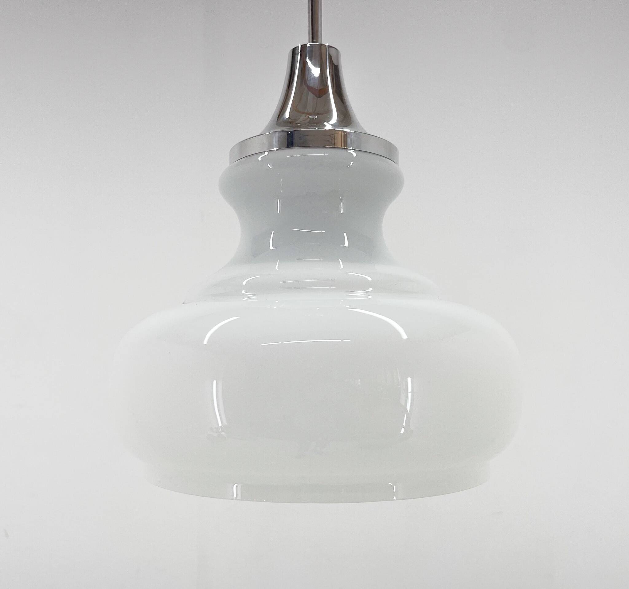 1970s Chrome & Milk Glass Pendant Light, Czechoslovakia