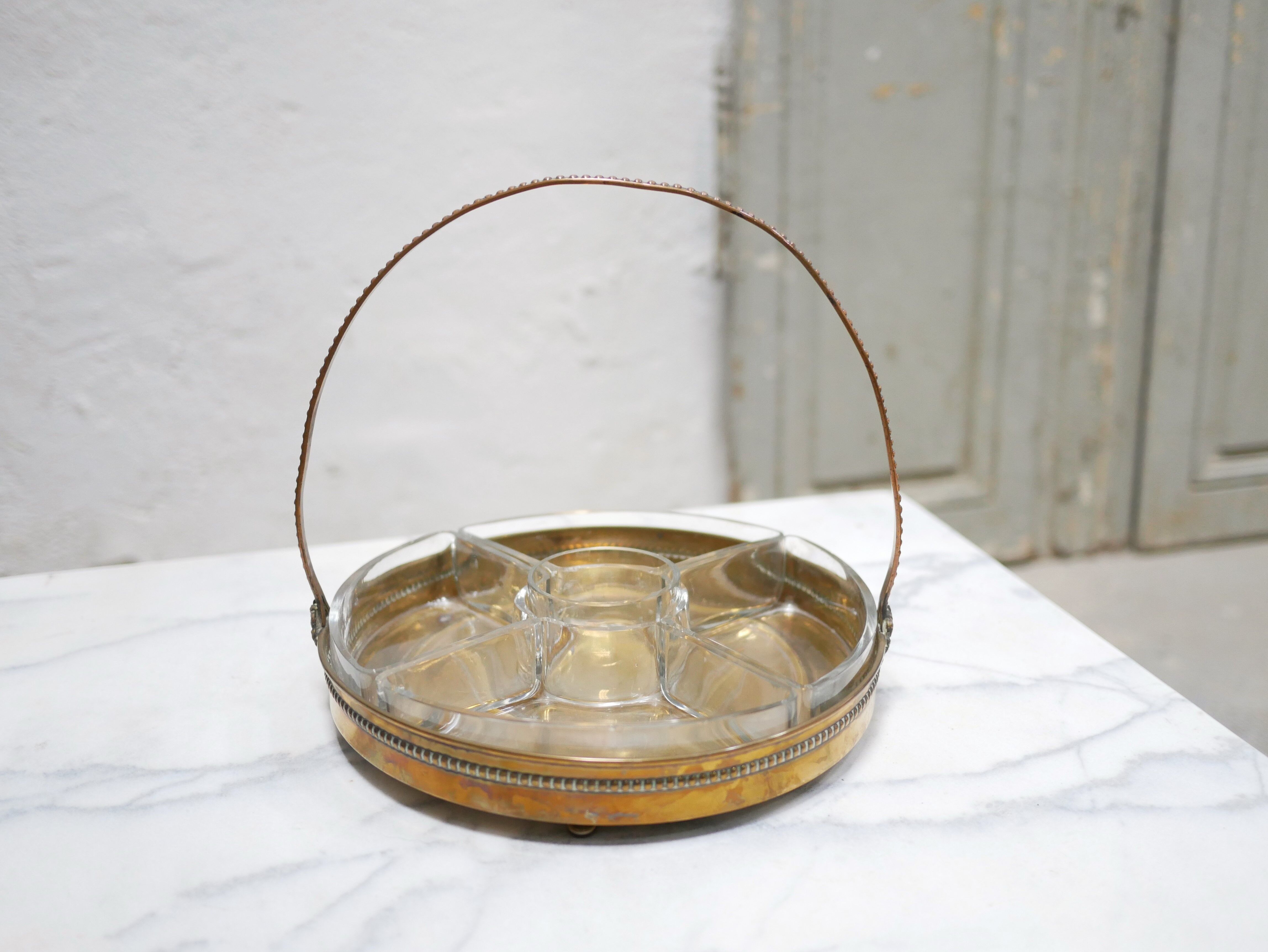 Vintage aperitif serving tray in brass and glass