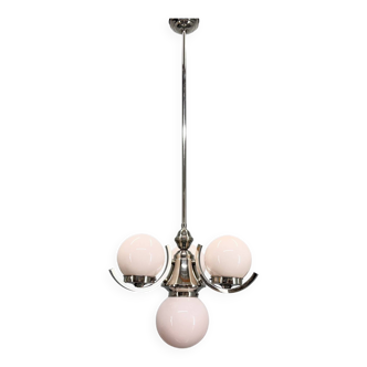 Art Deco Chrome and Pink Glass Chandelier, 1930's