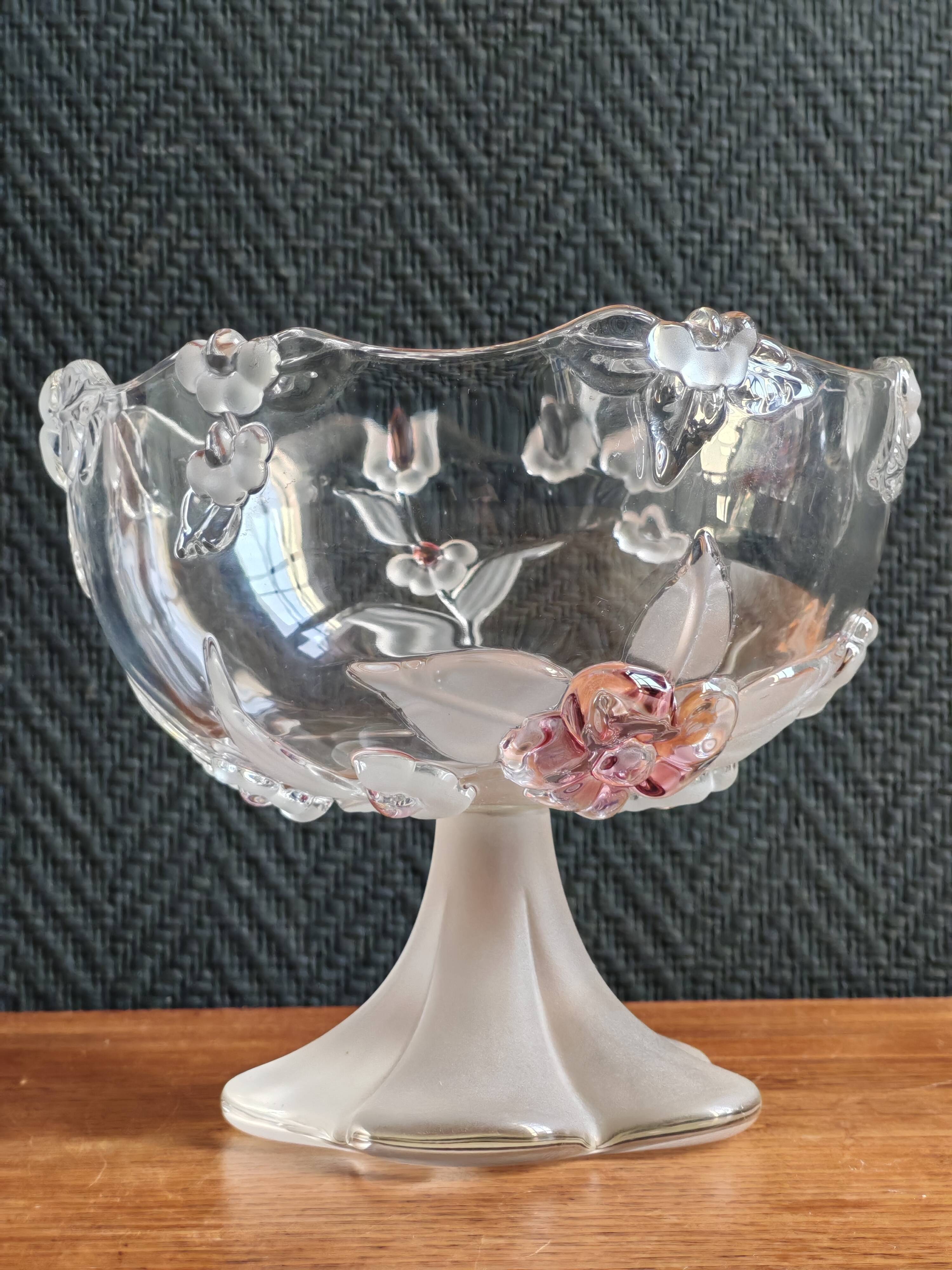 Vintage Frosted Glass Footed Bowl – Relief Decor of Pink Flowers