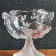 Vintage Frosted Glass Footed Bowl – Relief Decor of Pink Flowers