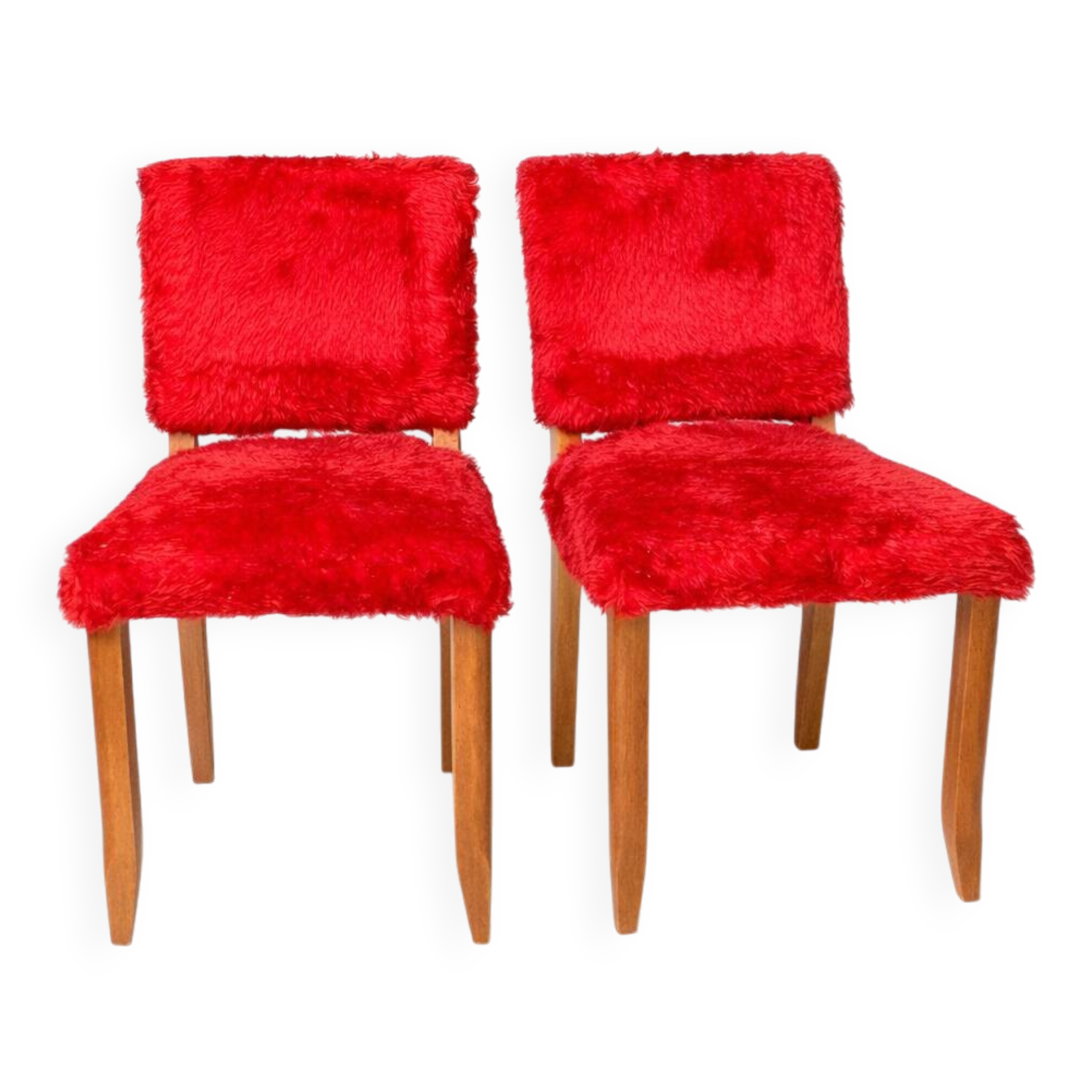 Pair of vintage wooden chairs with red fur effect upholstery – 1950