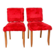 Pair of vintage wooden chairs with red fur effect upholstery – 1950