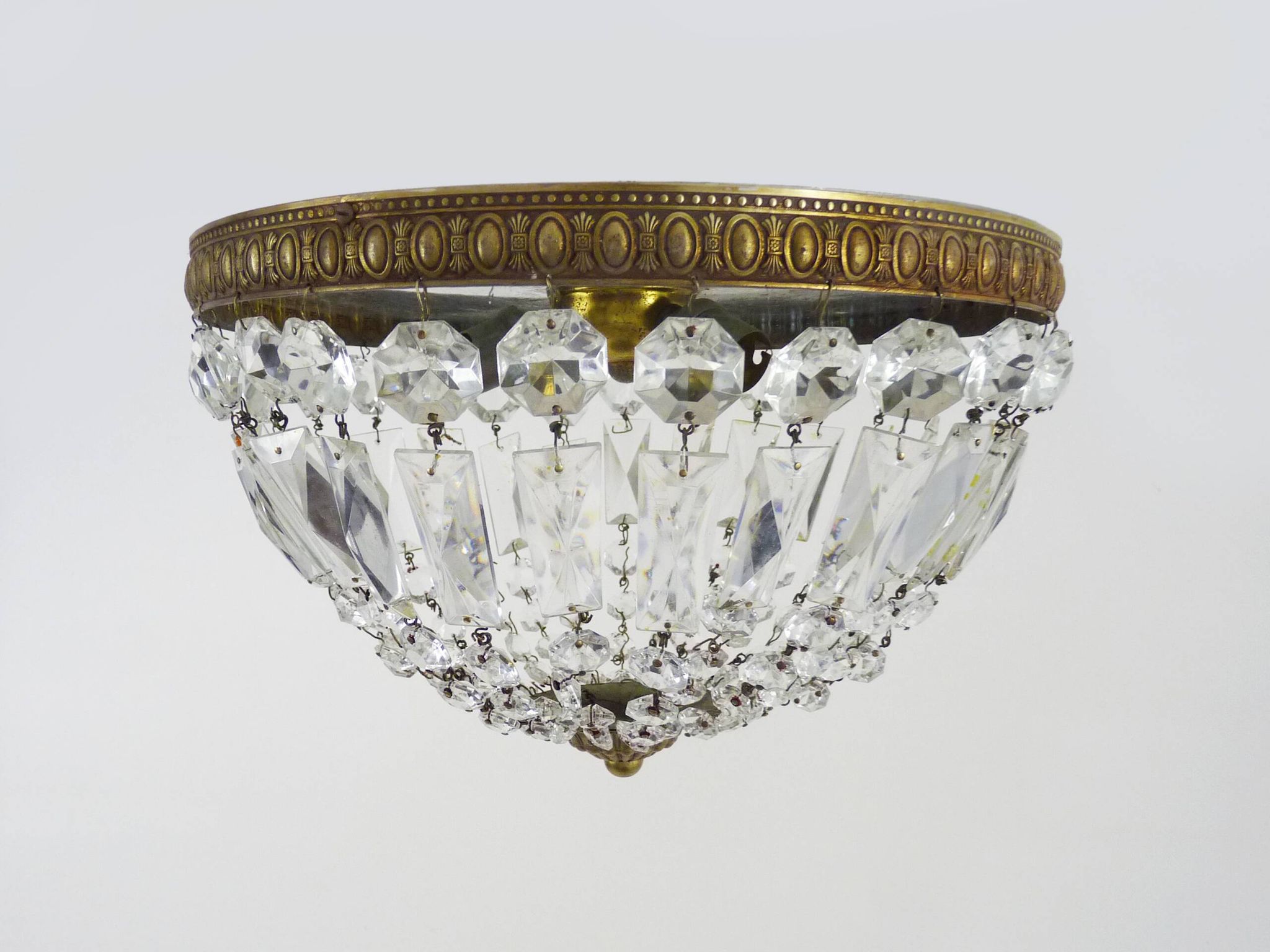 Old crown ceiling light with 3 lights, half basket with glass pendants. Louis XVI style. The 50's