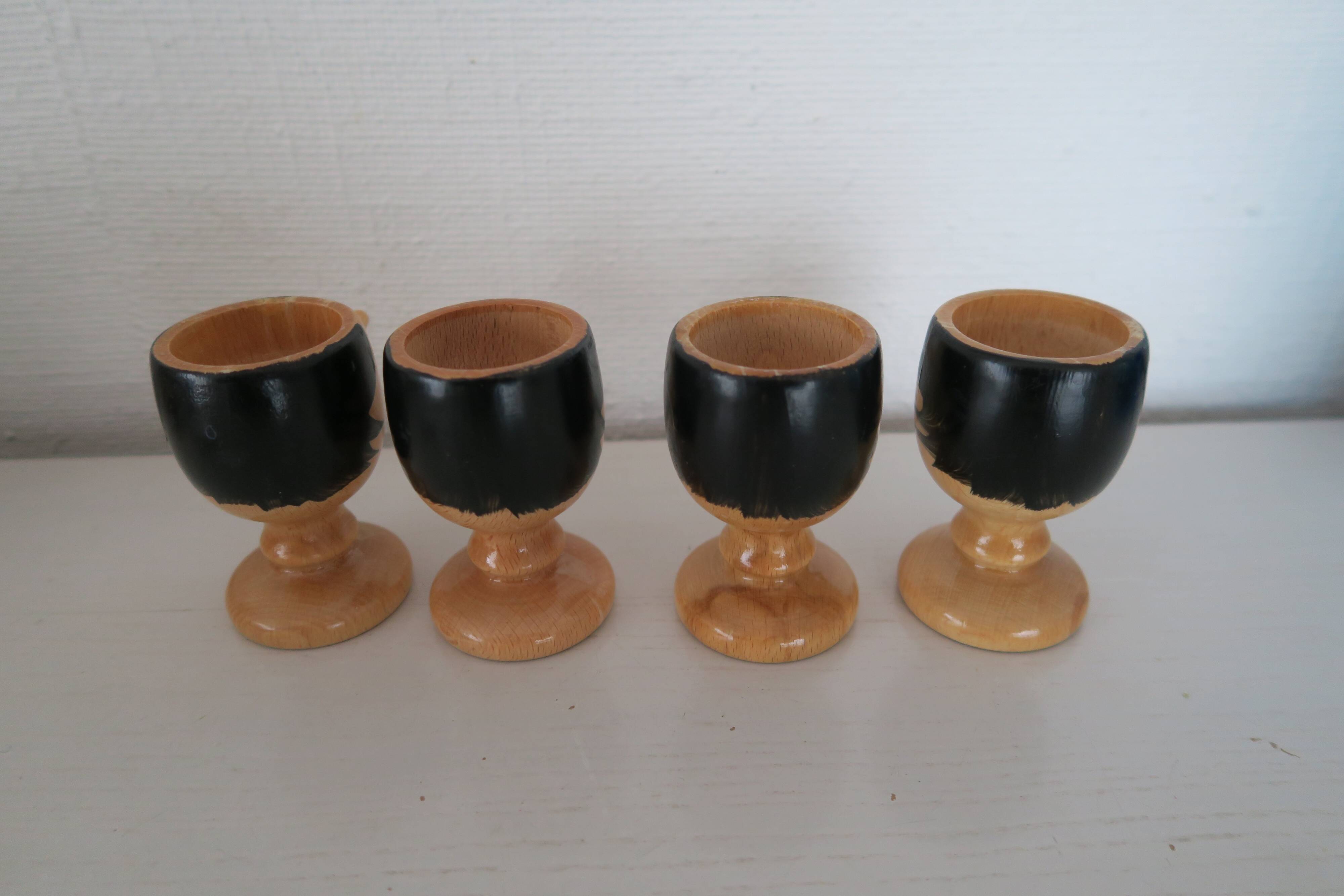 4 Pinocchio wooden egg cups Italy New