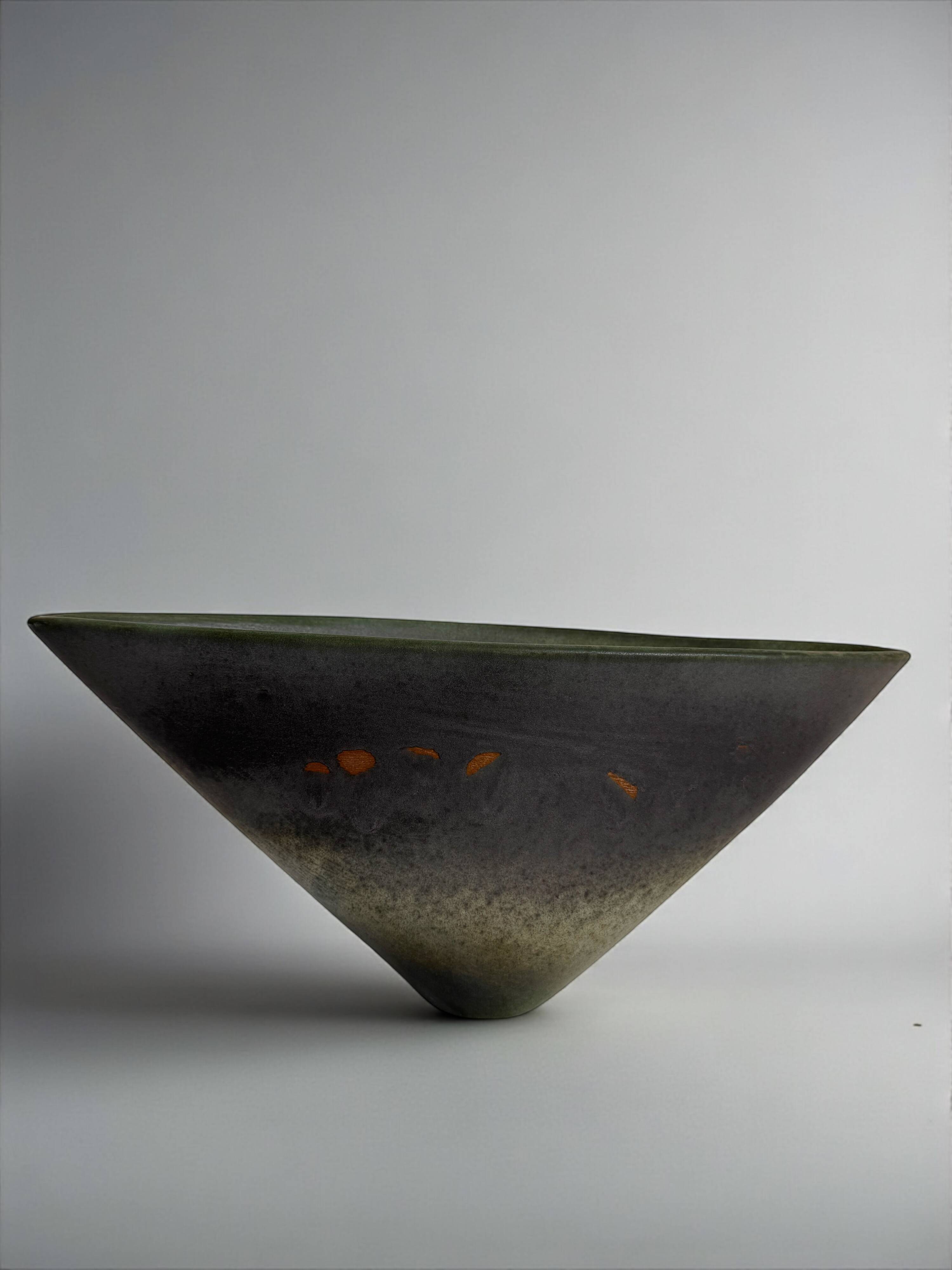 Antonio Lampecco shuttle vase, glazed grey-green ceramic, signed.