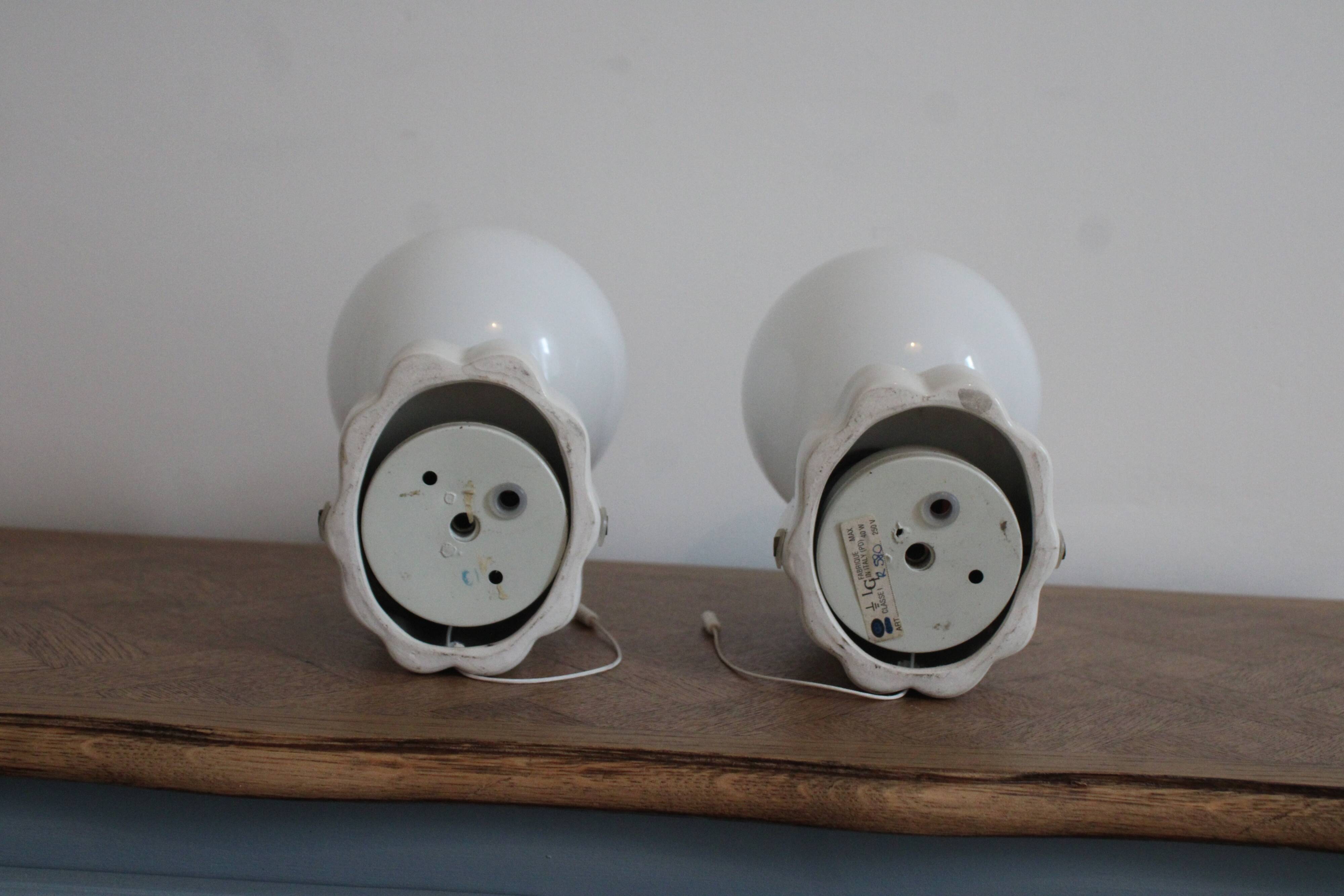 Pair of white ceramic wall lights, Bauhaus style, Italy