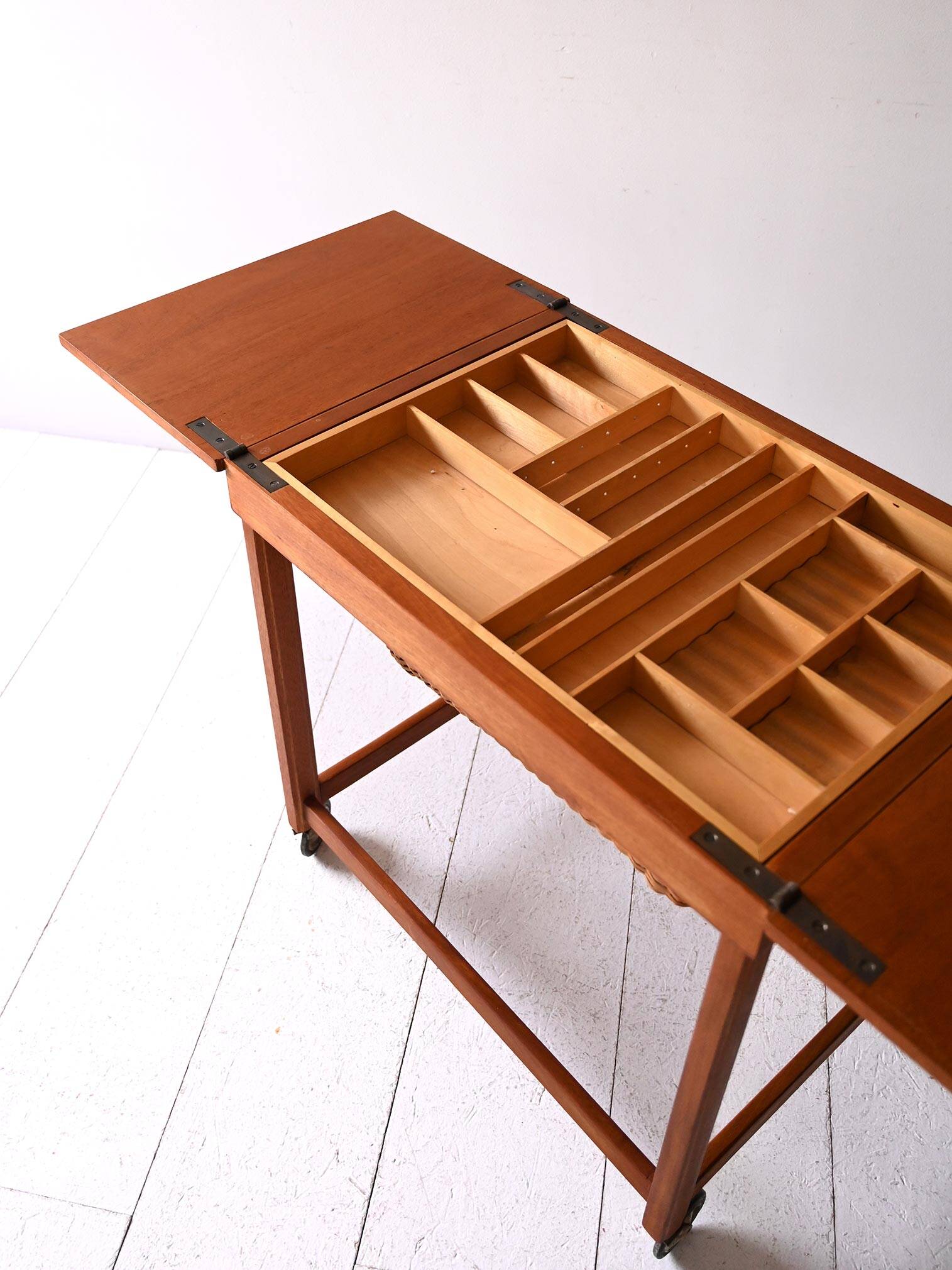 Vintage Scandinavian Sewing Table with Wheels and Basket