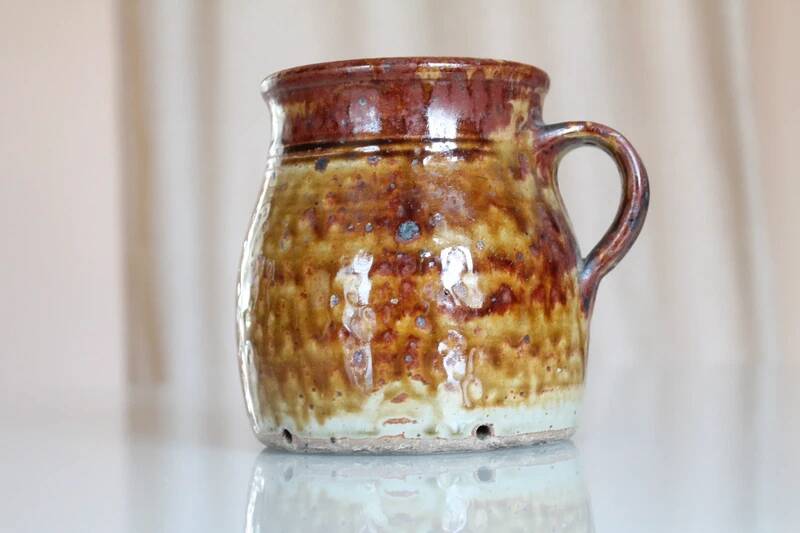 Ancient ceramic cream pot, pyrite stoneware, glazed from La Borne, France.