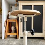 Adjustable industrial stool in white metal and light wood