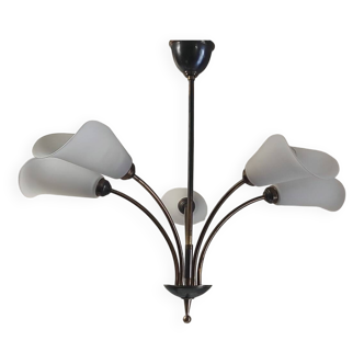 5-light chandelier in metal and opaline - mid-20th century
