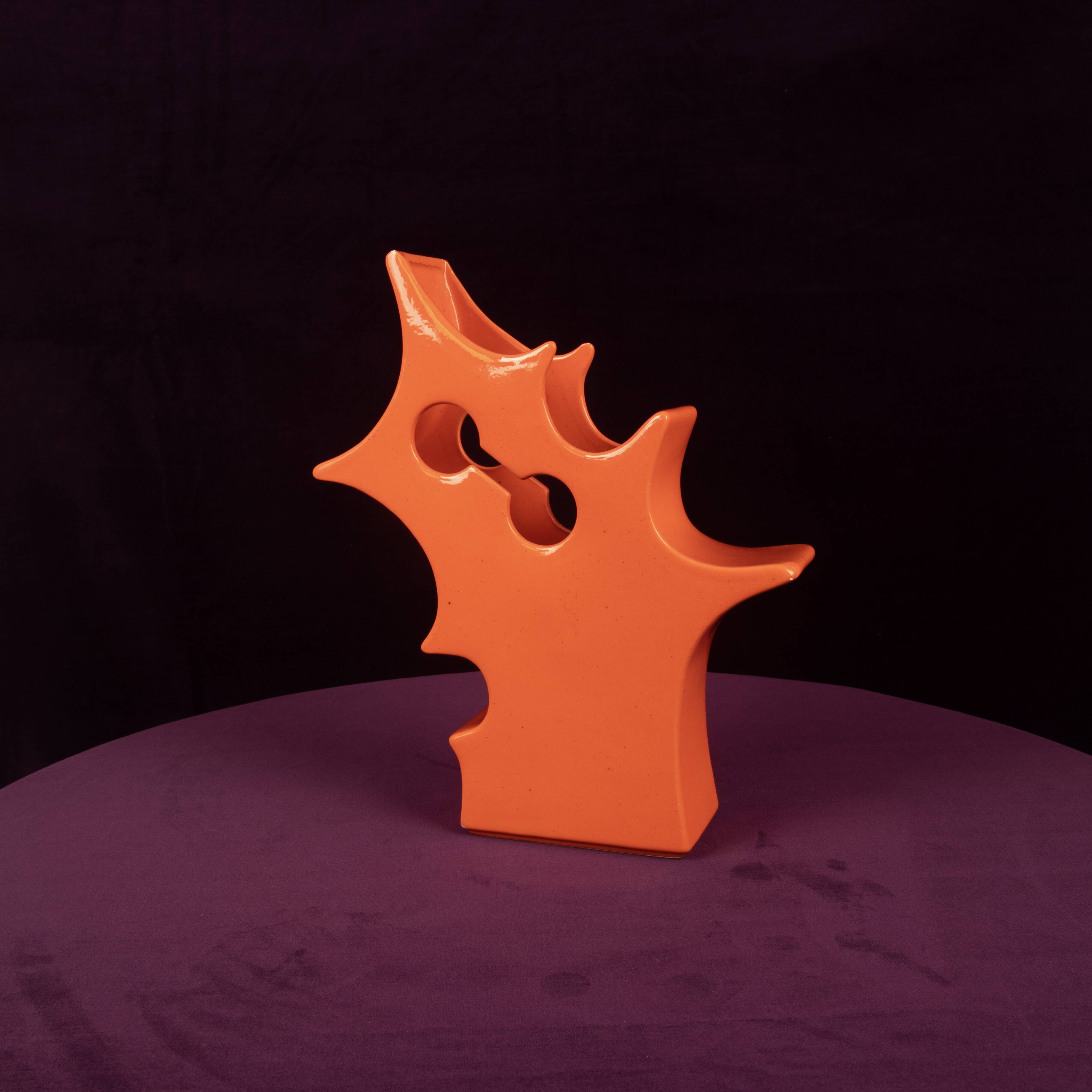 Abstract Orange Ceramic Sculptural Vase, Postmodern / Space Age, Italy, 1980