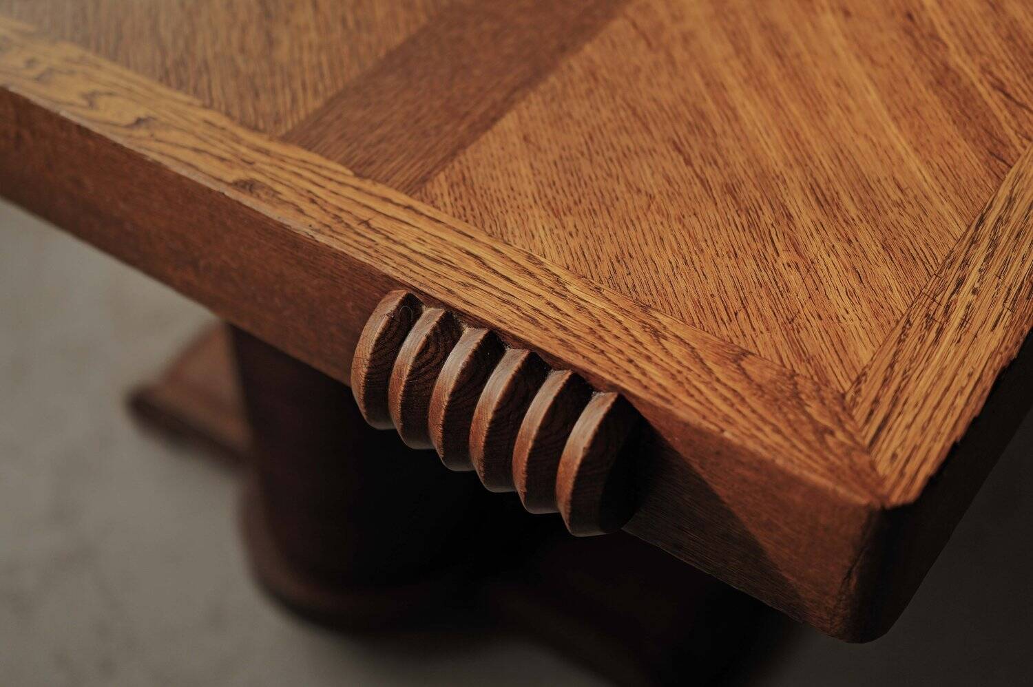 Solid oak table with marquetry, France, circa 1940.