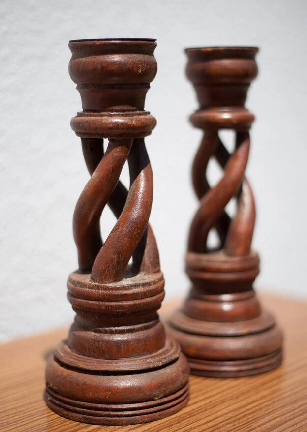 Pair of twisted wooden candle holders, wooden candle holders, carved wood, wooden candle holders, interior decoration