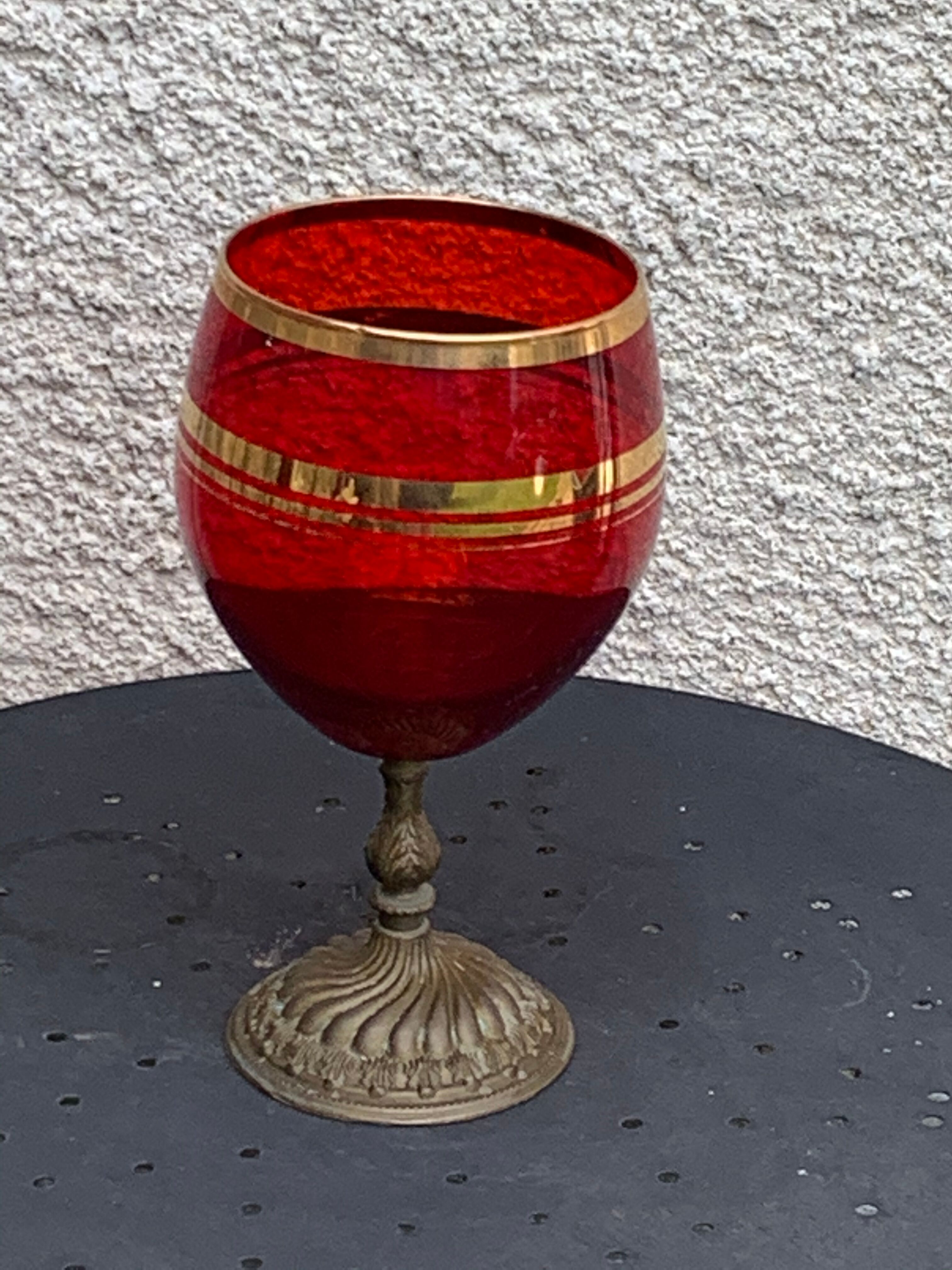 Red glass cut on vintage chiseled brass copper base