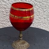 Red glass cut on vintage chiseled brass copper base