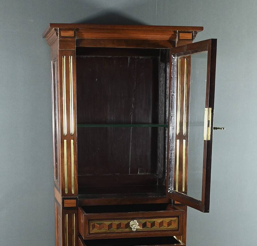Rare small marquetry display cabinet, louis xvi style – mid 19th century