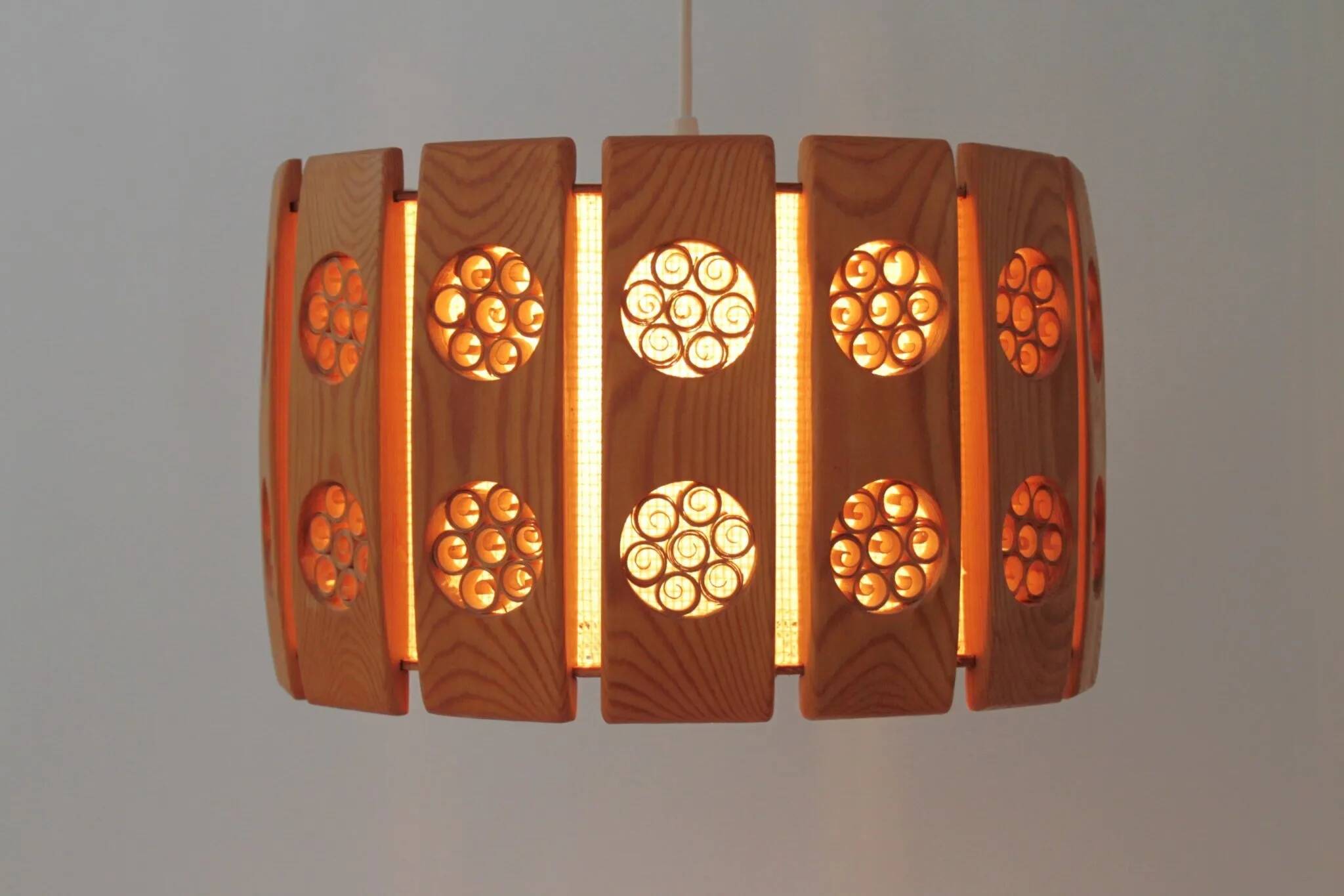 Pine Pendant Lamp with Rolled Wood Curl Rosettes – Sweden, 1970s