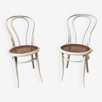Pair of 2 bistro chairs in white bentwood and canework Jacob Josef Kohn