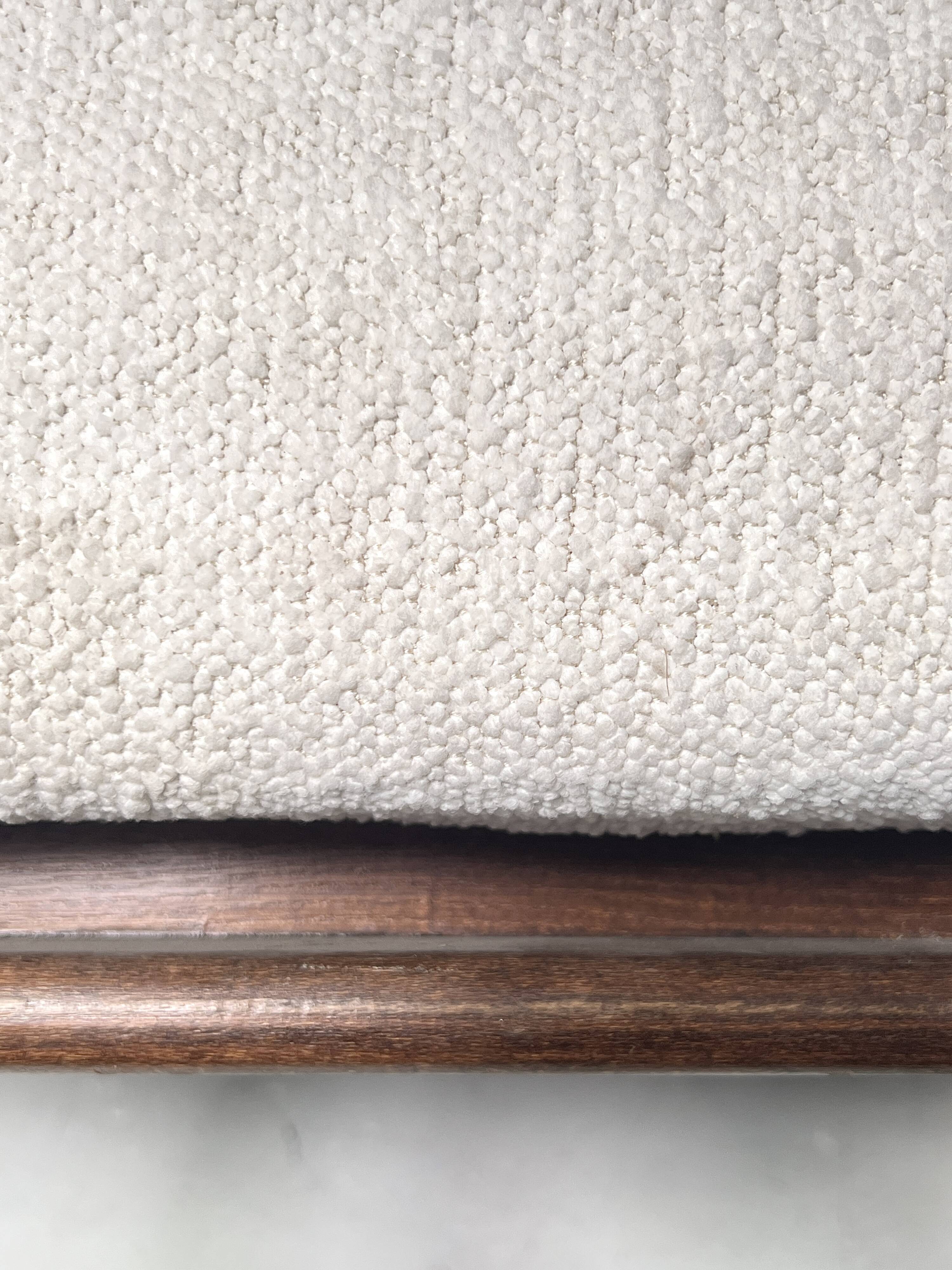 Italian off-white chenille armchair with a wooden base, 1970s design.