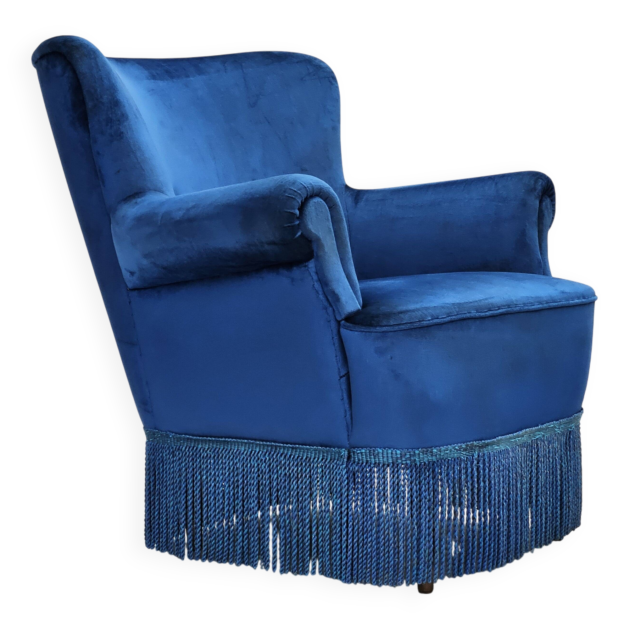 1960s, Danish lounge chair, blue furniture velour, beech wood legs.