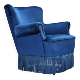 1960s, Danish lounge chair, blue furniture velour, beech wood legs.