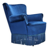 Fauteuil danois en velours bleu et hêtre, années 1960