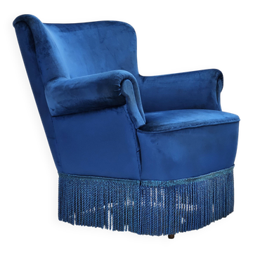 Fauteuil danois en velours bleu et hêtre, années 1960