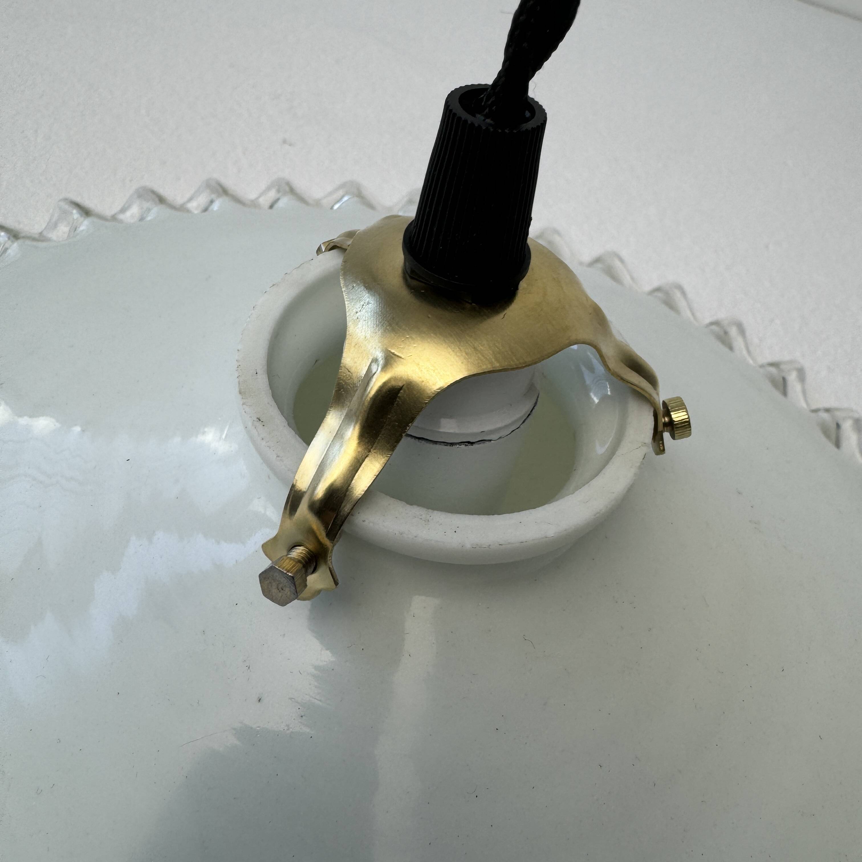 Vintage opaline glass pendant light with scalloped edges, 24 cm