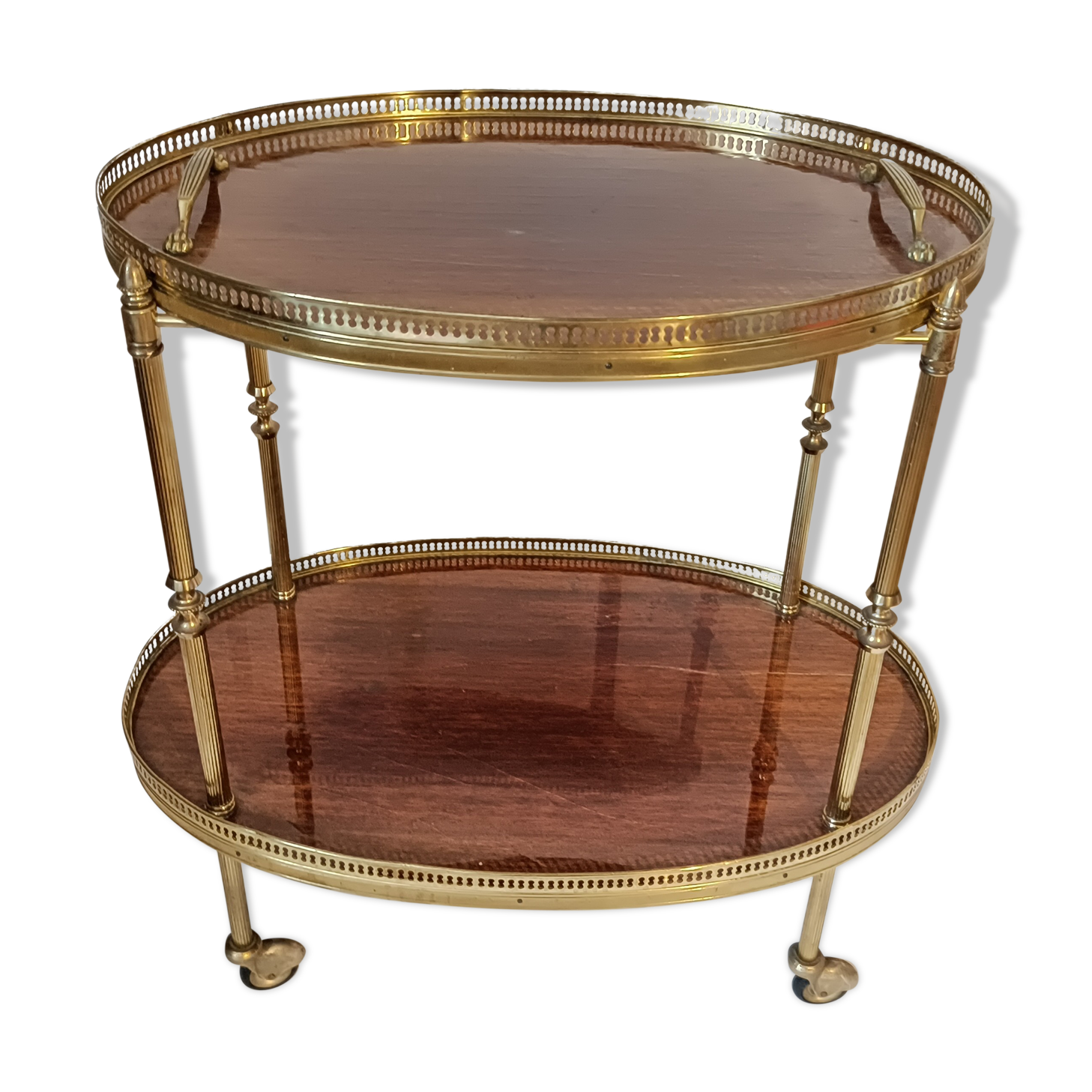 Rolling table dessert in golden brass and solid mahogany 1950/60