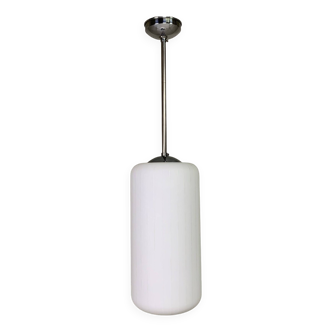 Lampe suspendue vintage avec abat-jour cylindrique en verre blanc, années 1950