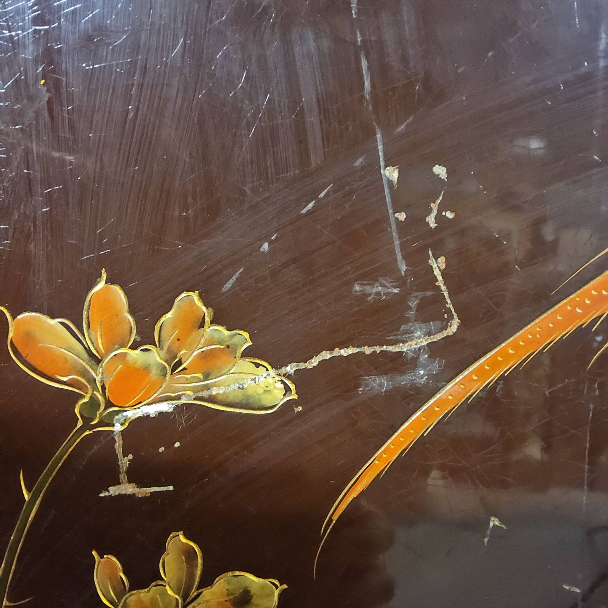 Vintage red / gold Chinese lacquer cabinet with flowers and birds
