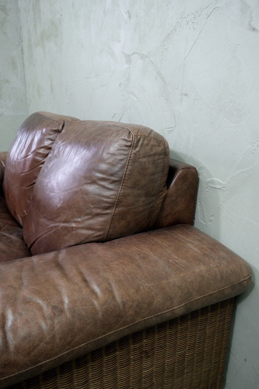 Italian Rattan and Leather Sofa, 1970s
