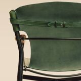 Maërl armchair, Galathée model, green leather, solid wood armrests of your choice