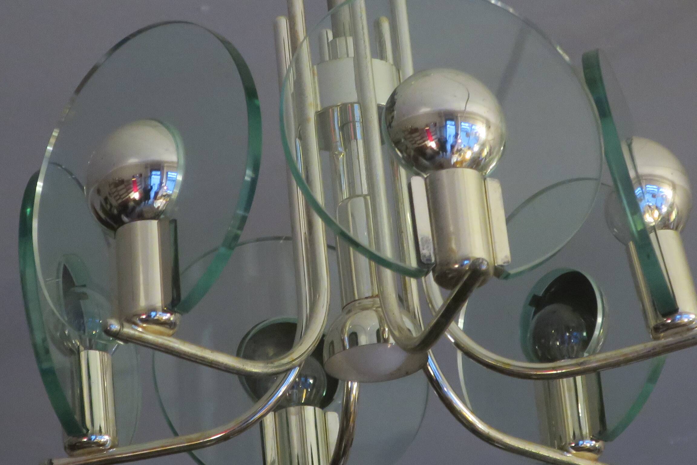 Silver plated chandelier with six crystal glass discs, Italy 1960s