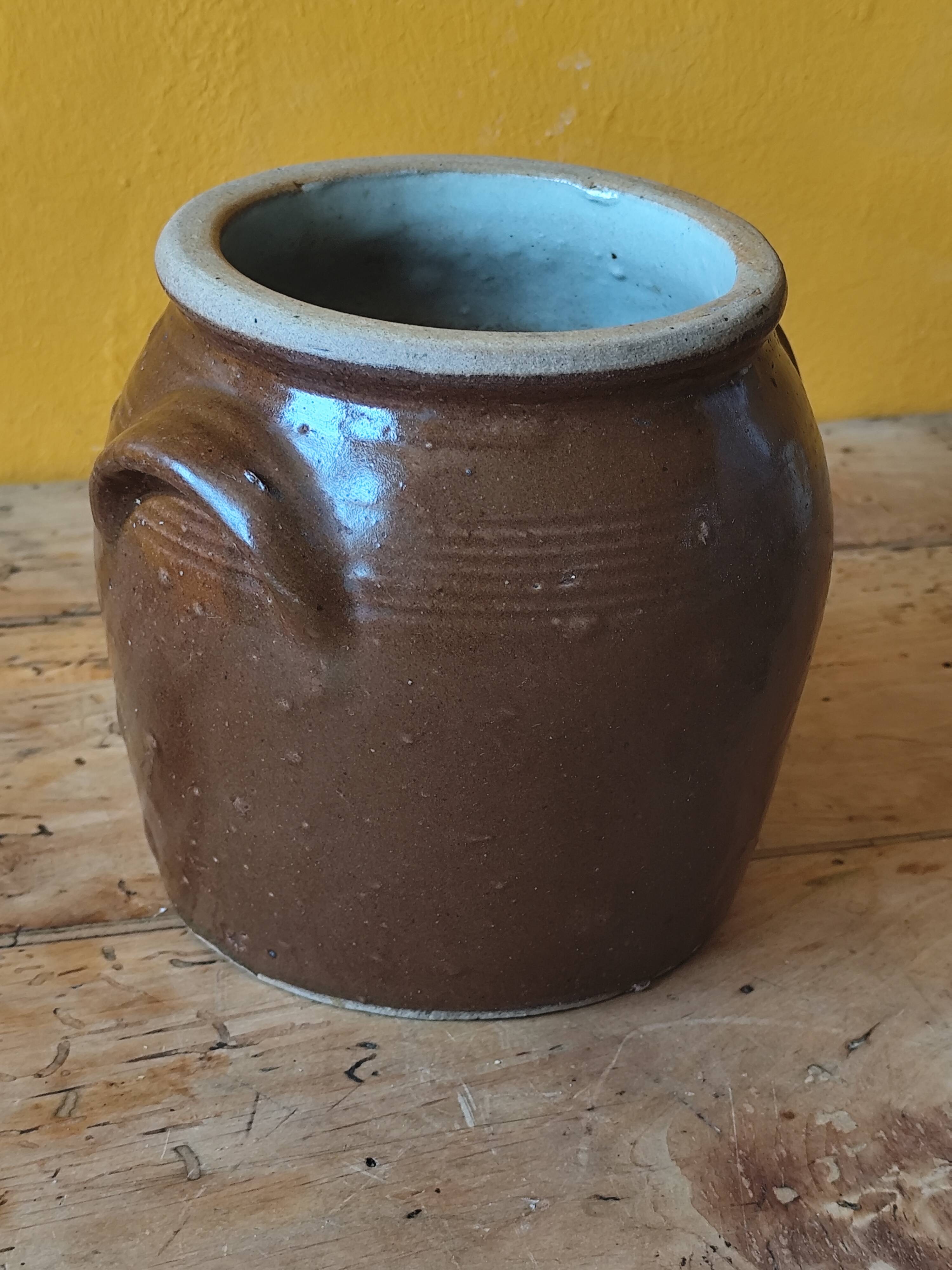 Brown glazed stoneware pot - antique glazed ceramic utensil holder