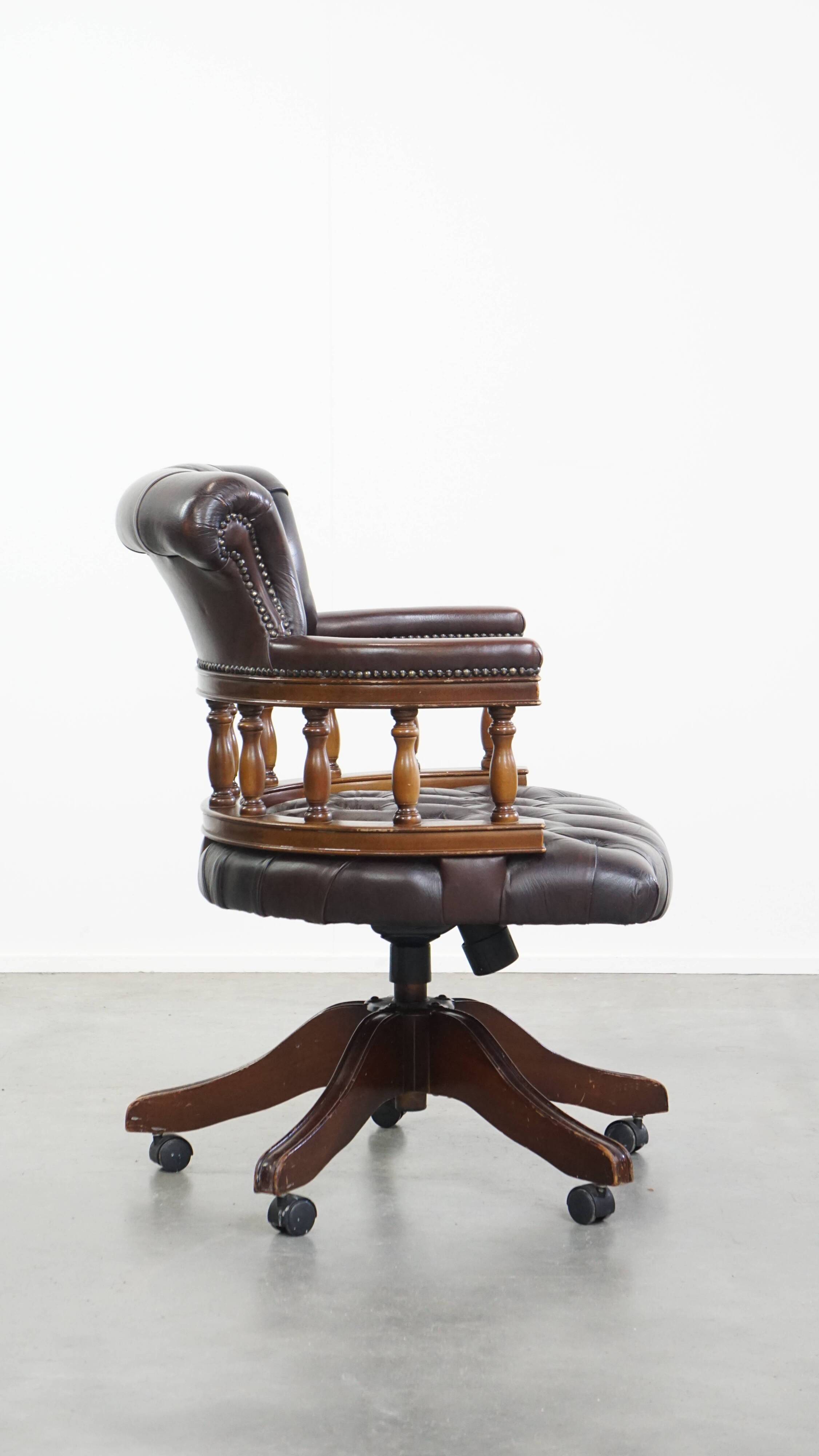 Chesterfield Office Chair on Wheels in Dark Brown Cowhide Leather