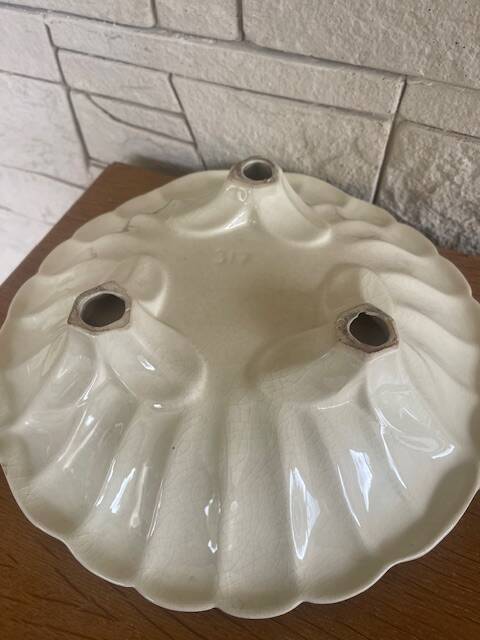 Old fruit bowl in tricolor Barbotine. Grape decor.