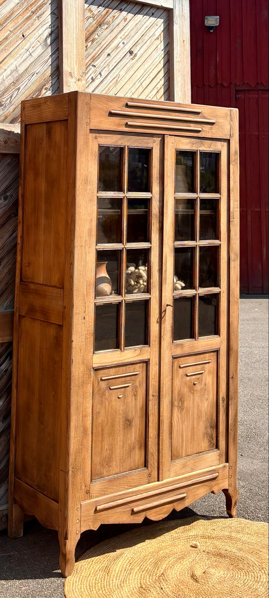 Antique glass-fronted cabinet in raw solid oak: display cabinet bookshelf.