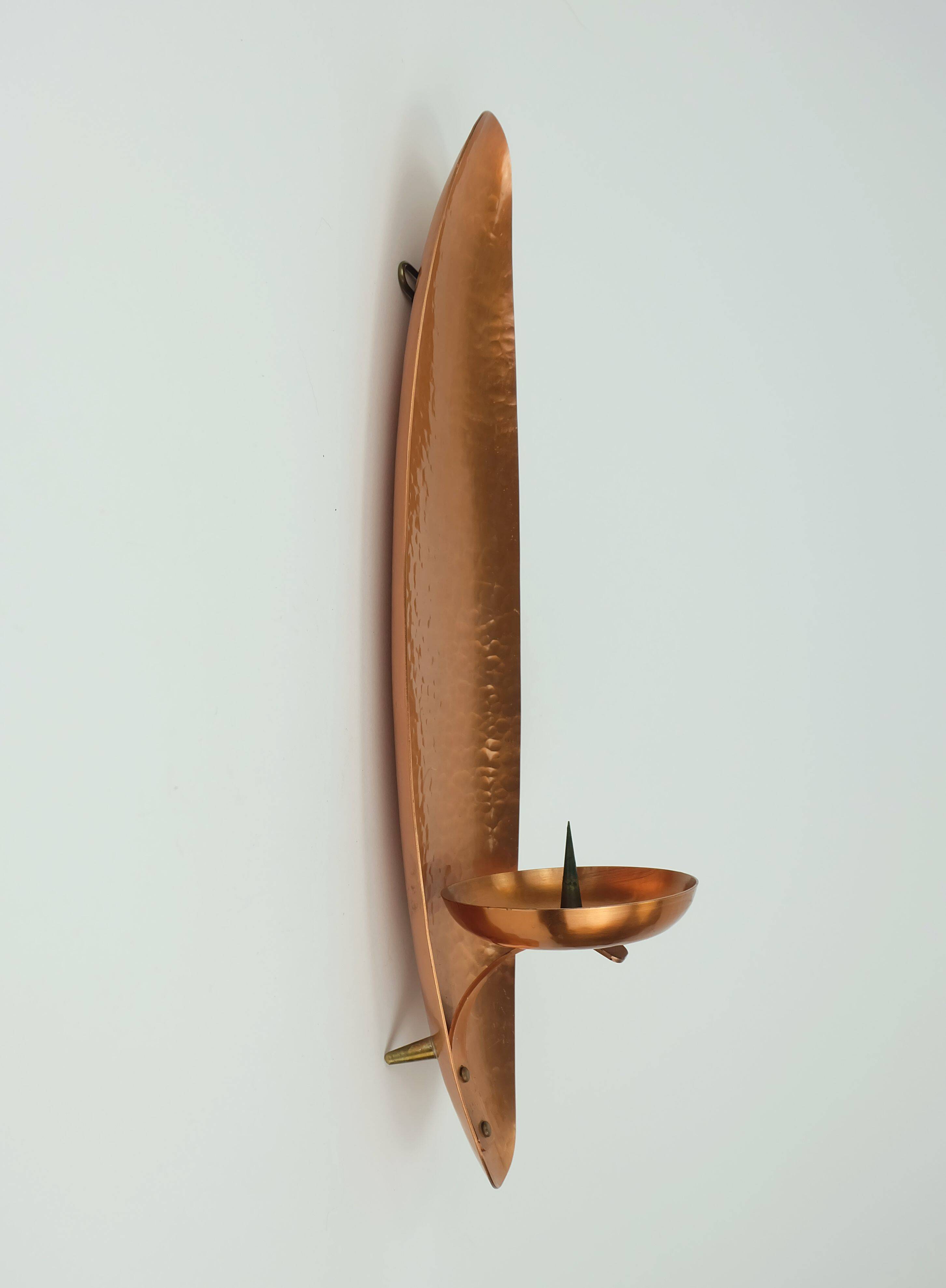 Large 1950s 60s mid century wall candle holder hammered copper