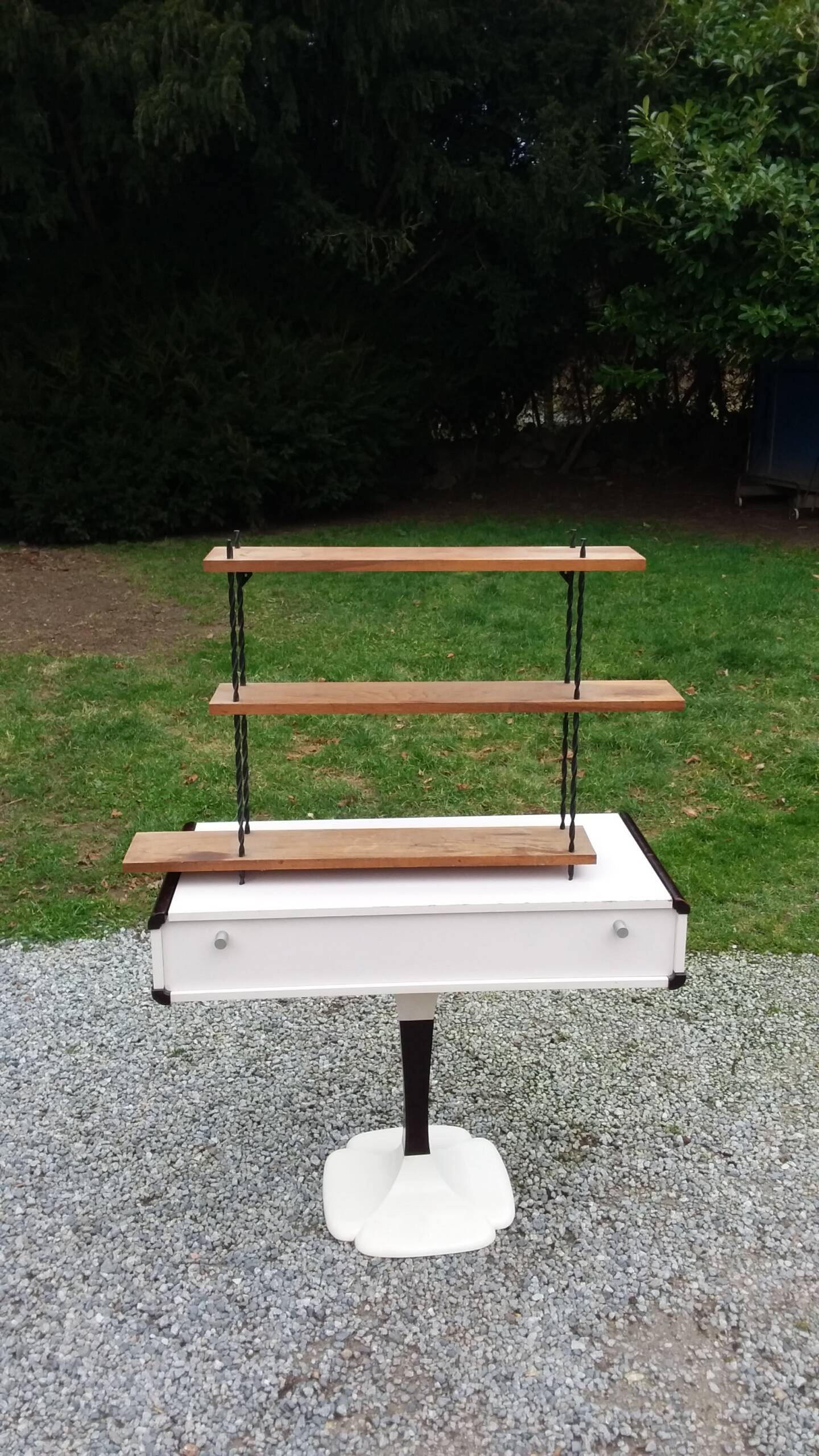 Vintage asymmetrical wall shelf in solid oak and metal from the 60s