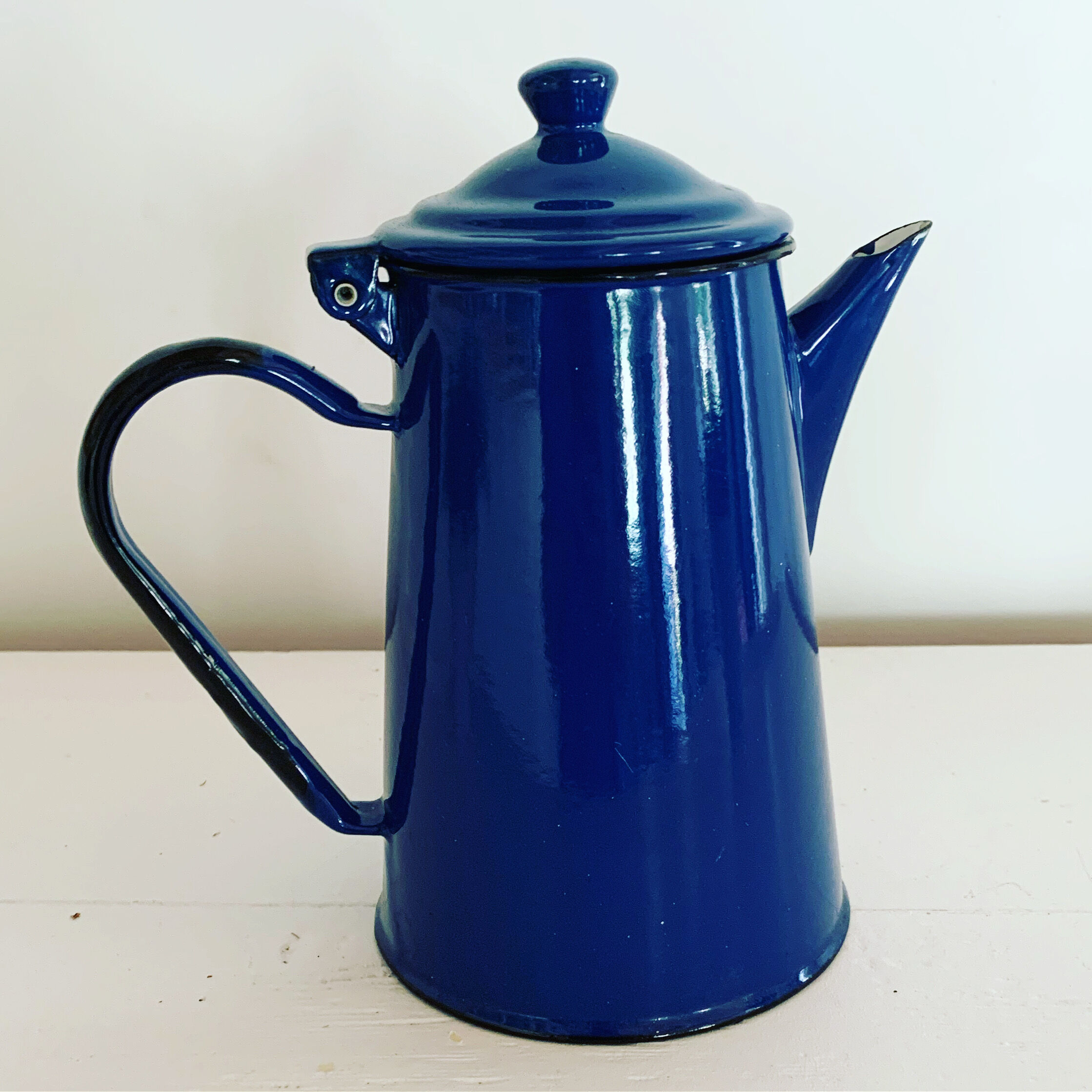 Vintage blue and black enamel coffee pot