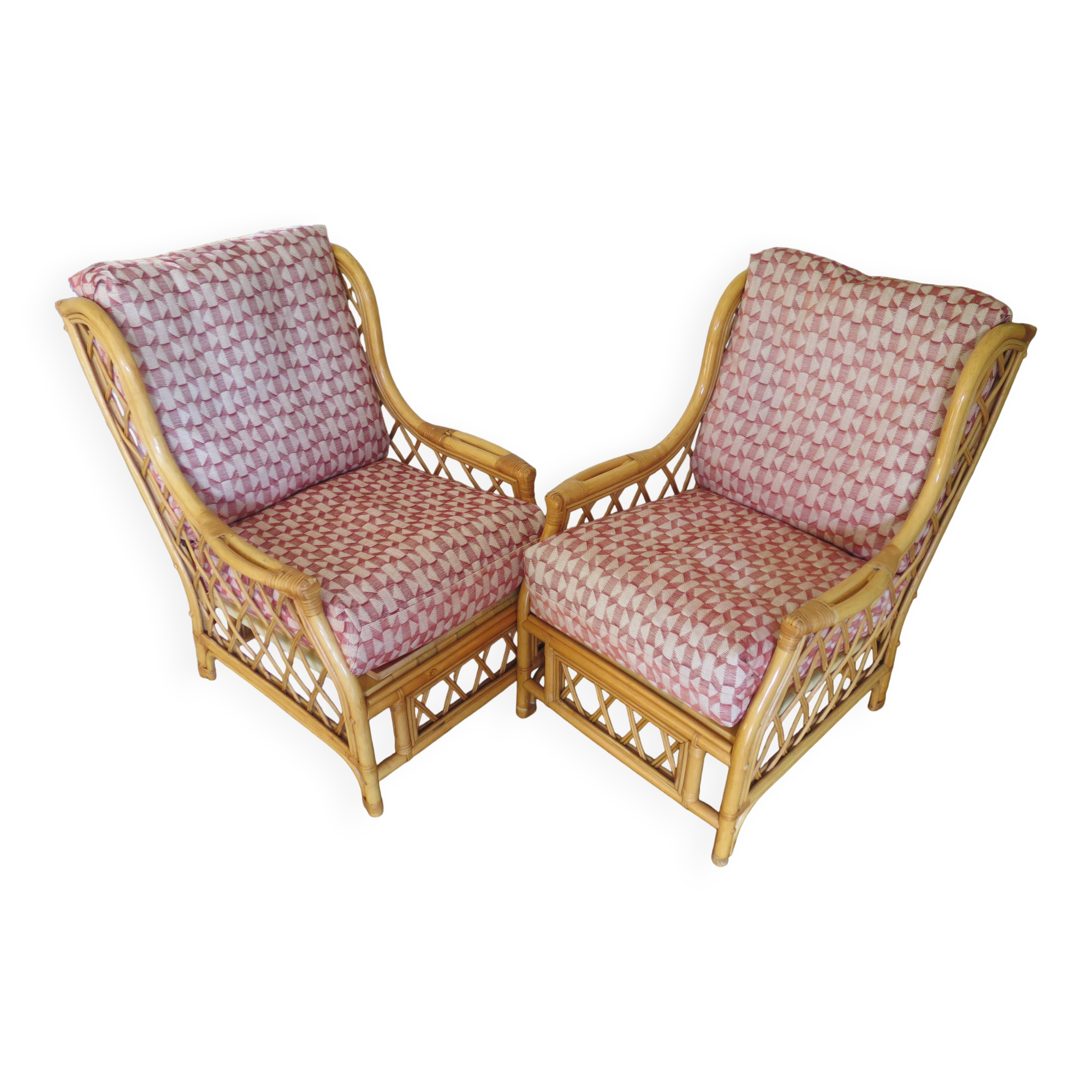 Vintage - Set of 2 woven rattan, bamboo and wood armchairs - Natural colour - 1980s