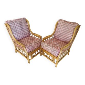Vintage -Lot de 2 fauteuils en rotin tressé, bambou et bois - Couleur naturelle -Années 80
