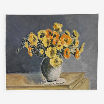 Oil on cardboard still life 20th century bouquet of flowers