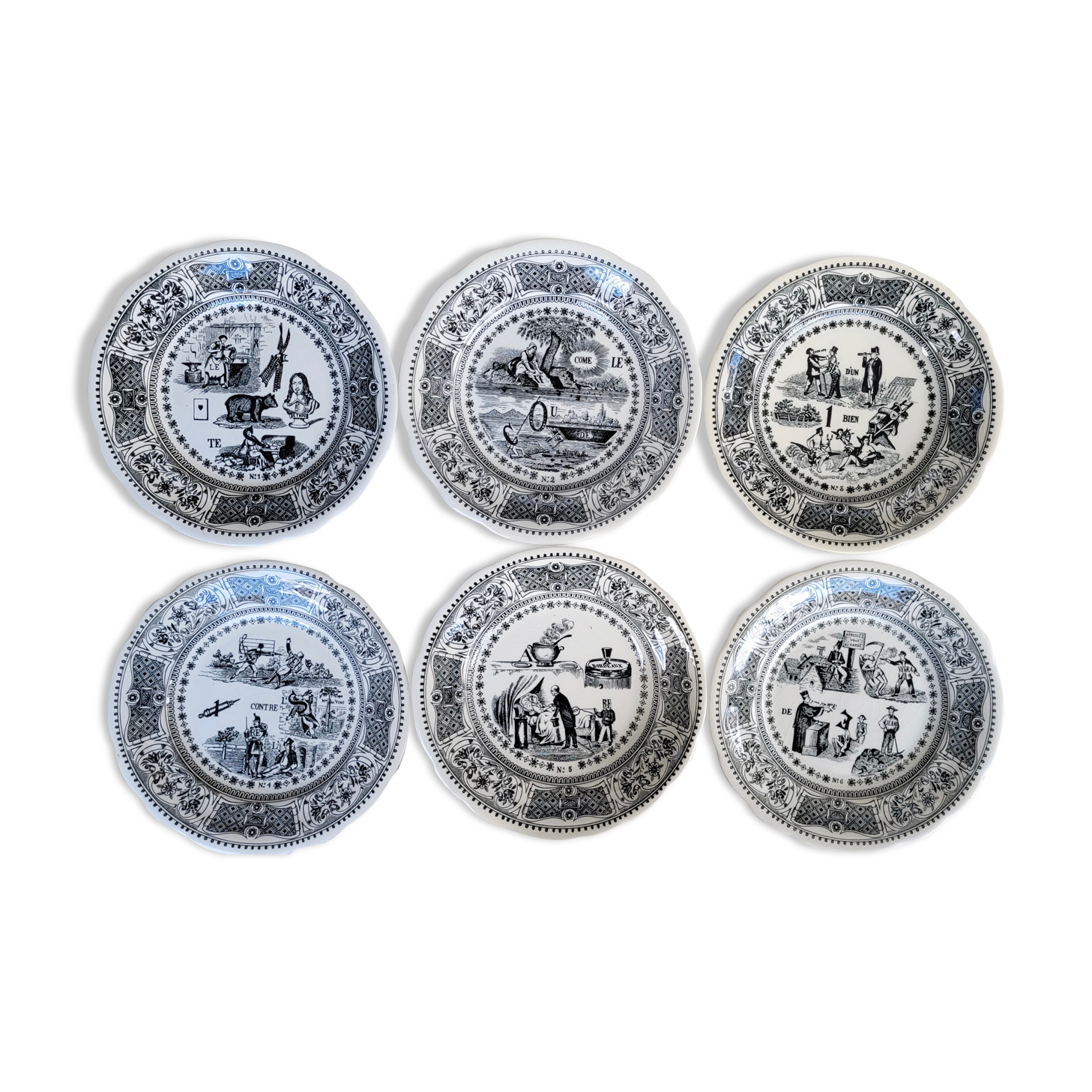 Set of 6 dessert plates "rébus" in Gien earthenware