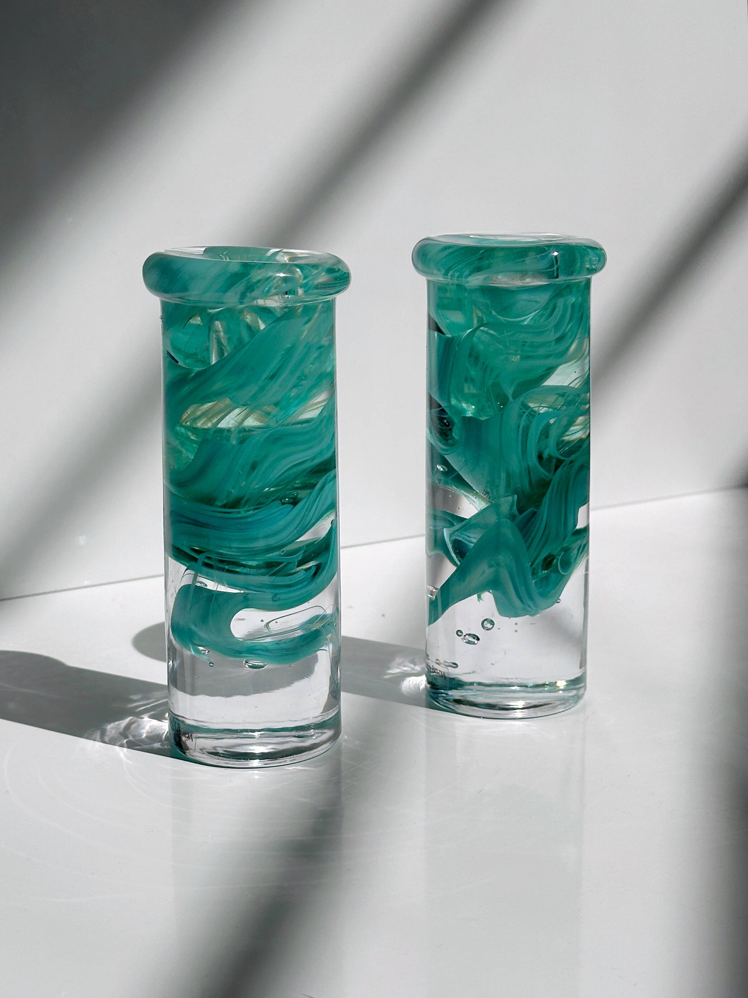 2 Kosta Boda Atoll candle holder by Anna Ehrner turquoise