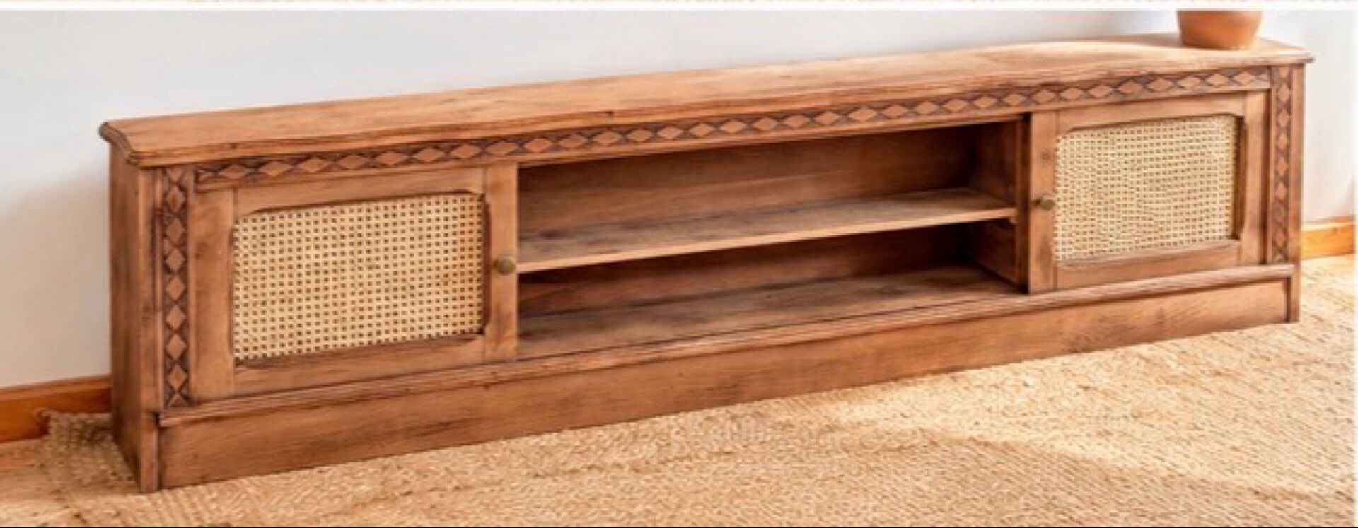 Vintage oak sideboard TV unit with raw finish and caning.
