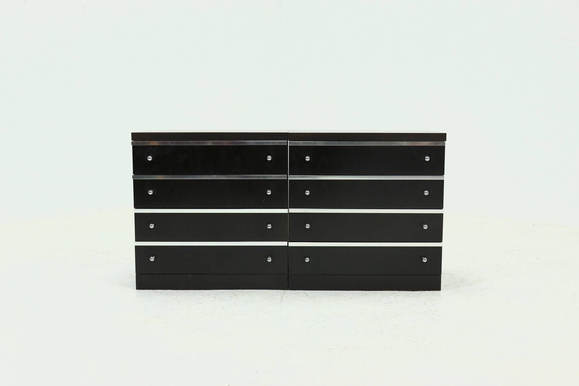 Pair Chest of Drawers in Ebonized Wood with Aluminium Accents 1980s