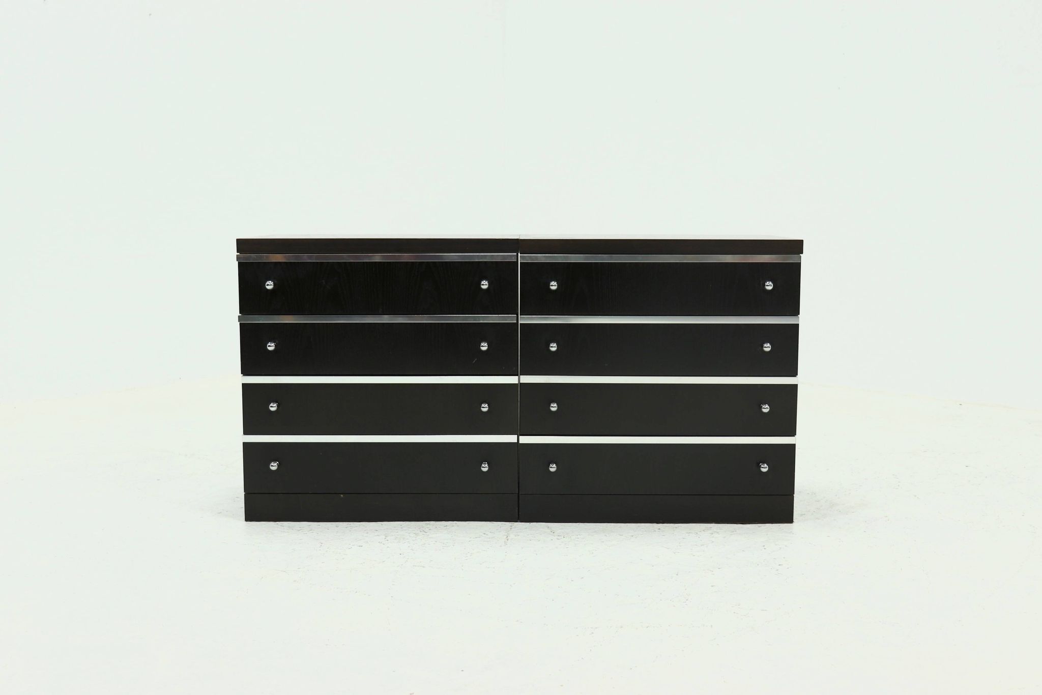 Pair Chest of Drawers in Ebonized Wood with Aluminium Accents 1980s